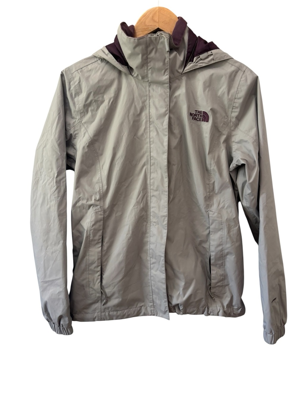 The North Face Rain Jacket Women's Light Gray with Deep Purple Hood Lining